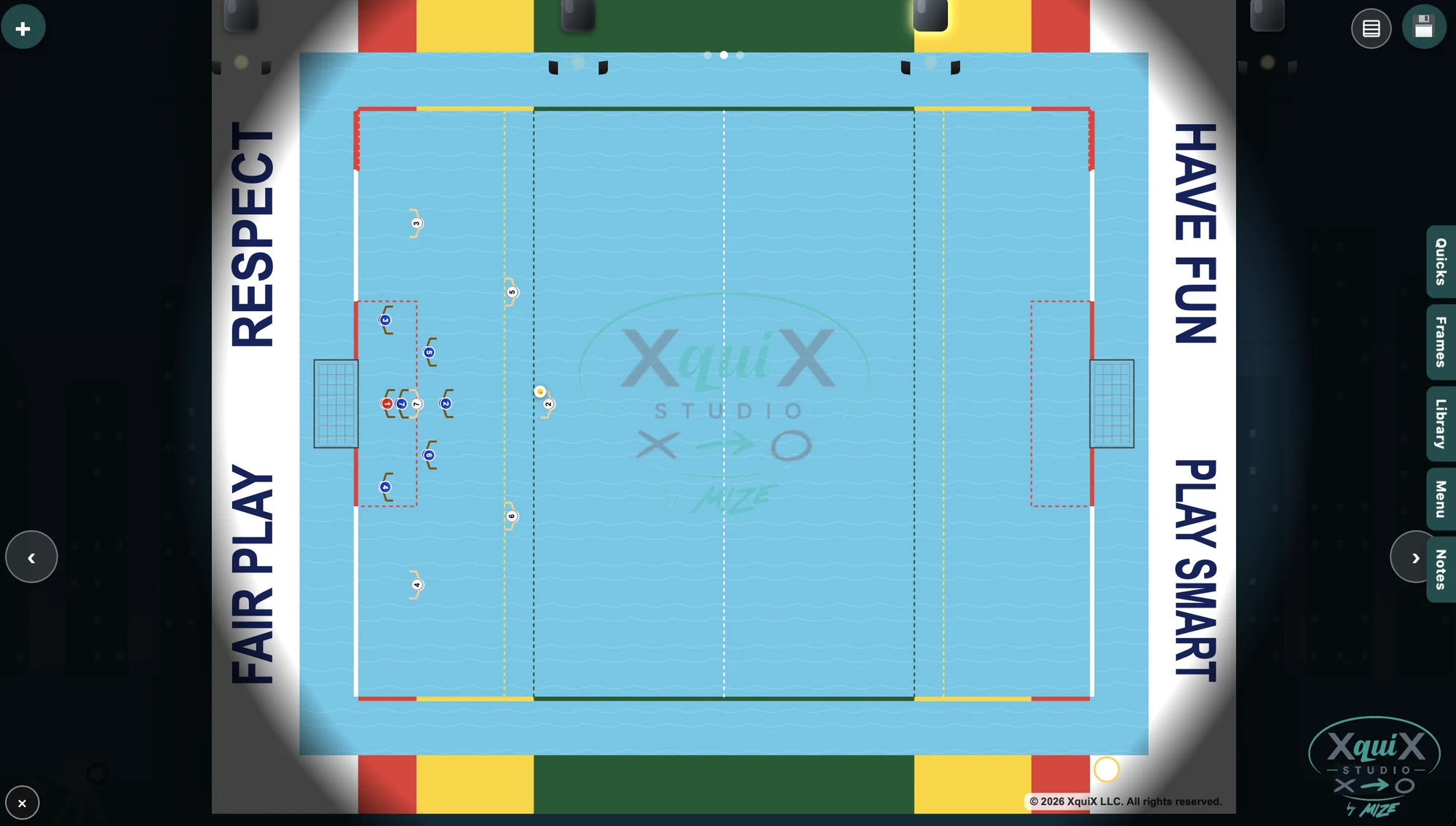 The XquiX Studio interactive board showing a water polo field with player positions, shot-block corridors and the Quicks, Frames, Library, Menu and Notes tools.